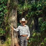 Elderly man in a white cowboy hat holding a stick amidst a lush green forest backdrop.